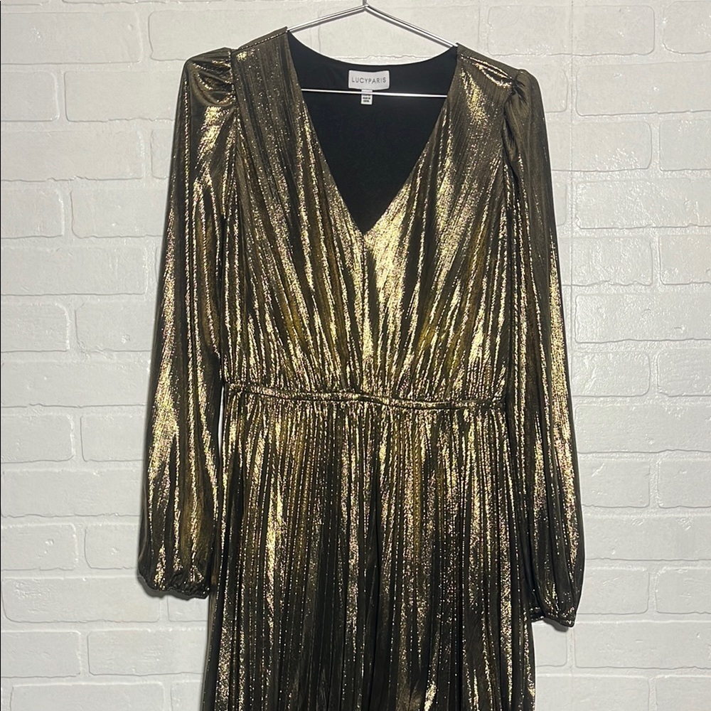 Lucy Paris Gold Metallic Long Sleeve Pleated Dress